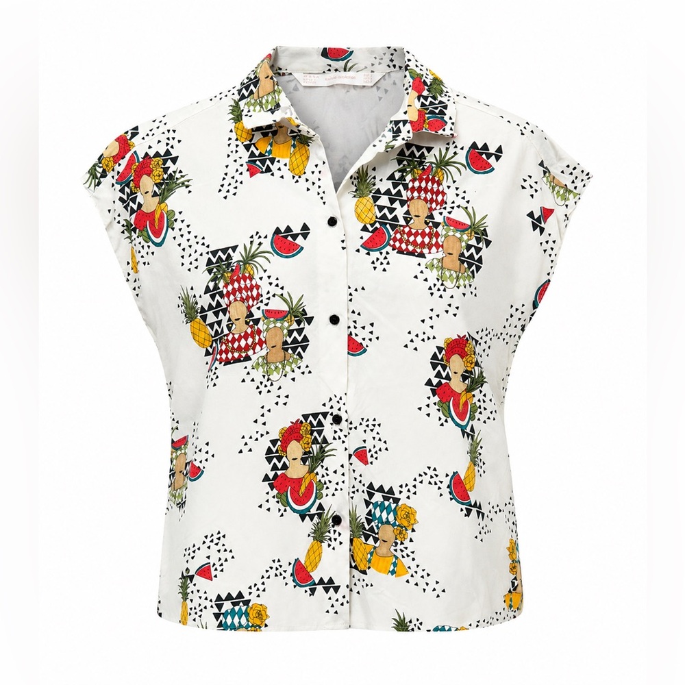 Zara Trafaluc | Watermelon Tropical Print Cap Sleeve Blouse | Like New, Sz S